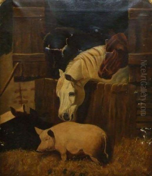 Three Horses At A Stable Door With Pigs By Oil Painting by John Frederick Herring Snr