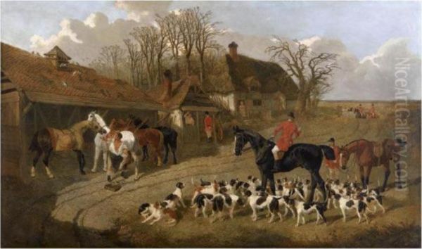 The Hunt Outside The Blacksmith's Forge Oil Painting by John Frederick Herring Snr