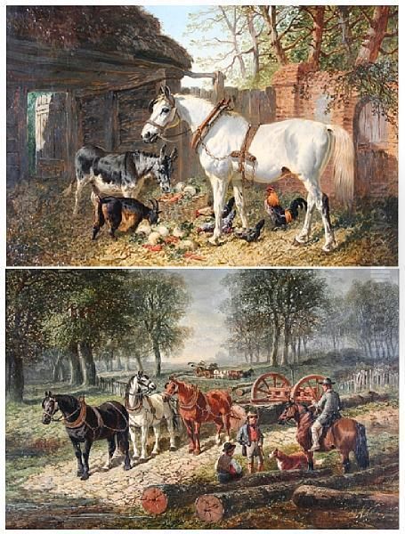 'feeding Time' And 'hauling Timber' Oil Painting by John Frederick Herring Snr