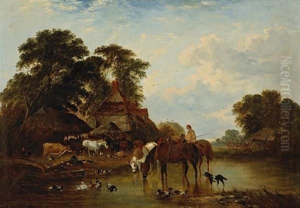 Cattle And Pigs In A Farmyard With Threehorses Watering In The Foreground Oil Painting by John Frederick Herring Snr