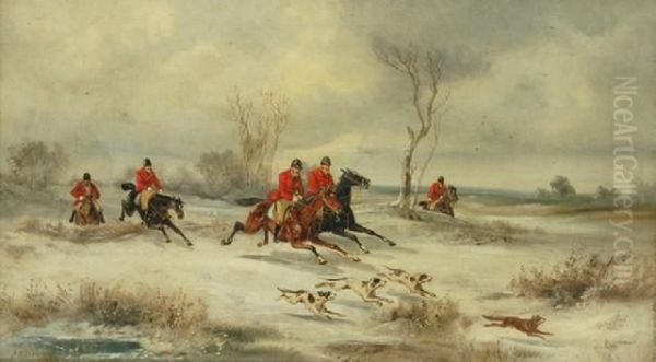 Jnr Winter Hunting Scene Oilon 
Canvas Signed 'j.f. Herring' Lower Left 38 X 67 Cm Provenance:leonard 
Joel Melbourne C.1965 Private Collection Melbourne Oil Painting by John Frederick Herring Snr