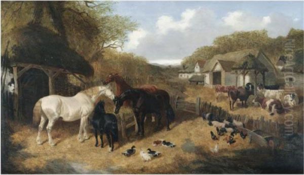 Cattle, Pigs, Ducks, Chickens And Horses In A Farmyard Oil Painting by John Frederick Herring Snr