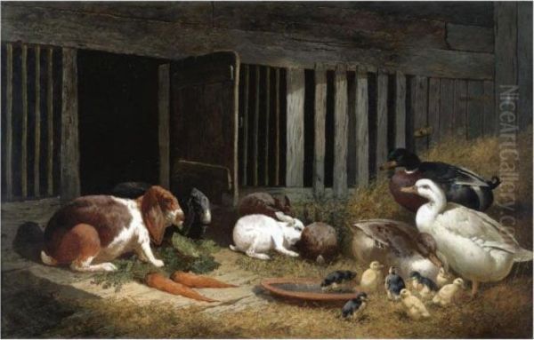 Rabbits And Ducks In A Hutch Oil Painting by John Frederick Herring Snr