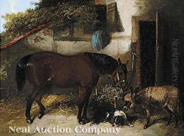 A Barnyard Scene With Horse, Sheep And Border Collie Oil Painting by John Frederick Herring Snr