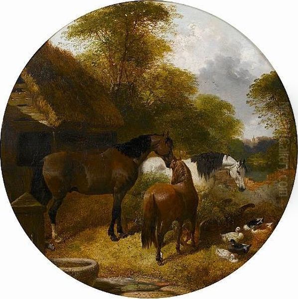 Horses At A Trough; Horses With Chickens Oil Painting by John Frederick Herring Snr