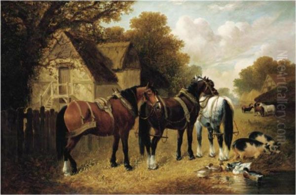 Carthorses At Rest In A Paddock Oil Painting by John Frederick Herring Snr