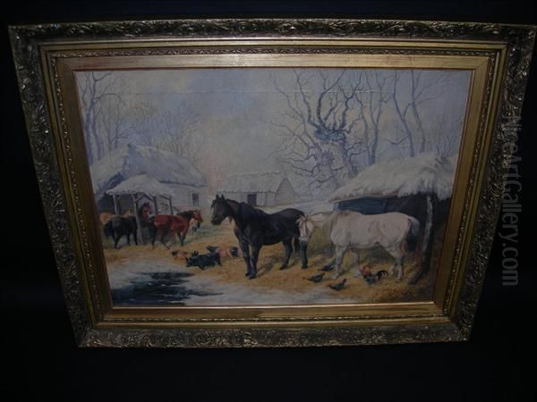 Junior Farmyard With Horses, Pigs And Poultry In The Snow Oil Painting by John Frederick Herring Snr