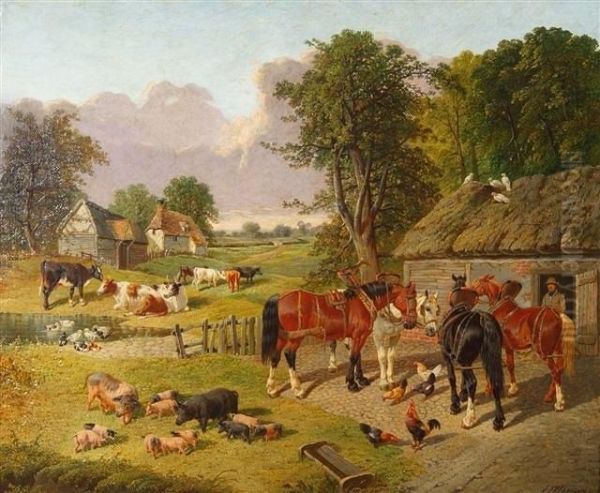 Farmyard Scene With Shire Horses Oil Painting by John Frederick Herring Snr