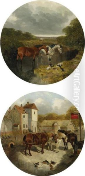 Horses Watering And Horses Outside The Boot Inn (a Pair) Oil Painting by John Frederick Herring Snr