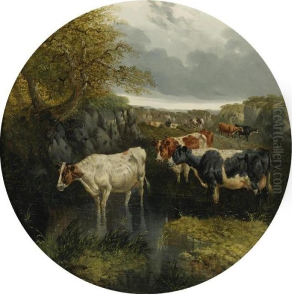 Cattle Watering Oil Painting by John Frederick Herring Snr