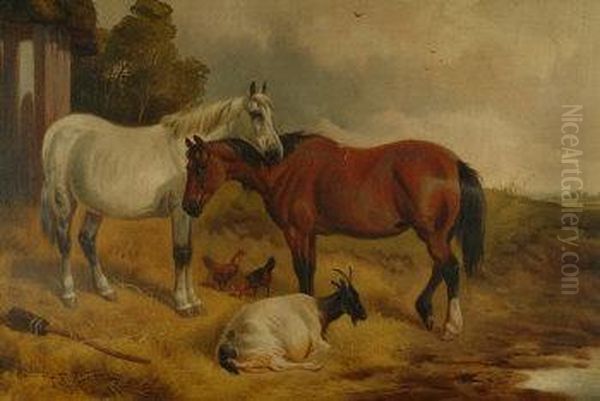 A Grey And A Bay, Recumbent Goat And Hens In A Meadow Beside A Thatched Barn Oil Painting by John Frederick Herring Snr