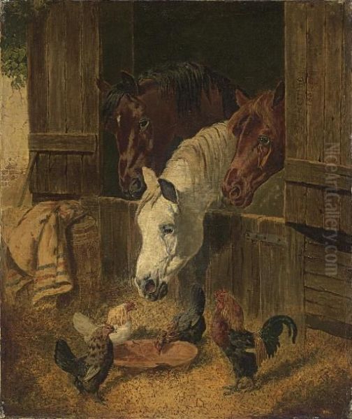 Three Horses At A Barn Door Oil Painting by John Frederick Herring Snr