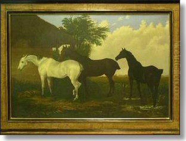 Three Horses By A Barn In A Landscape Oil Painting by John Frederick Herring Snr