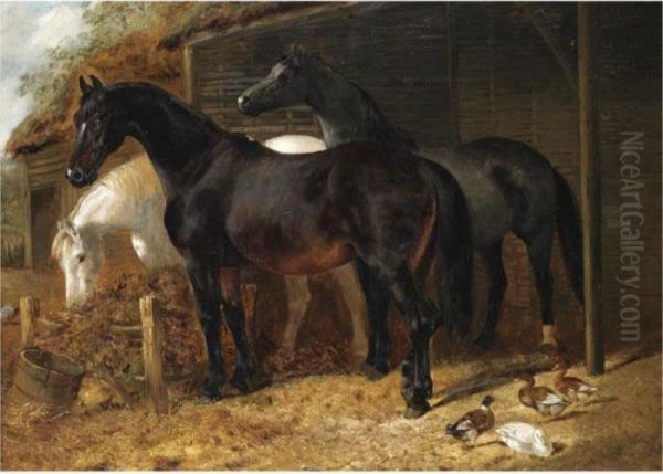 Horses In A Stable Yard With Ducks Oil Painting by John Frederick Herring Snr