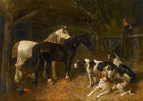 Farmyard Scene With Horses And Dogs Oil Painting by John Frederick Herring Snr