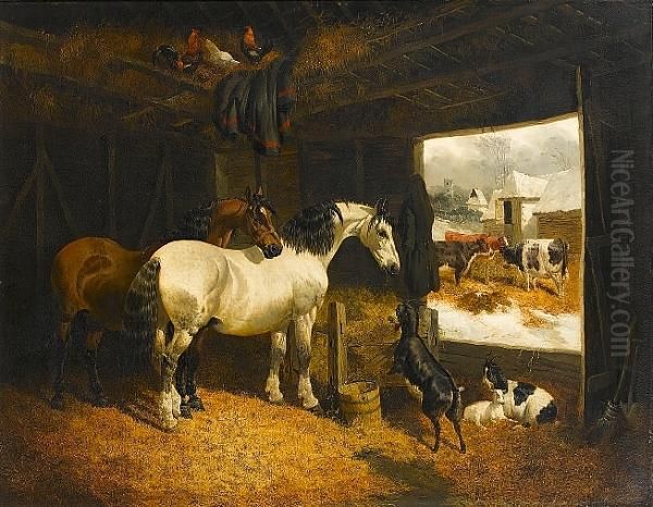 Farmyard Scene With Horses, Goats And Cattle Oil Painting by John Frederick Herring Snr