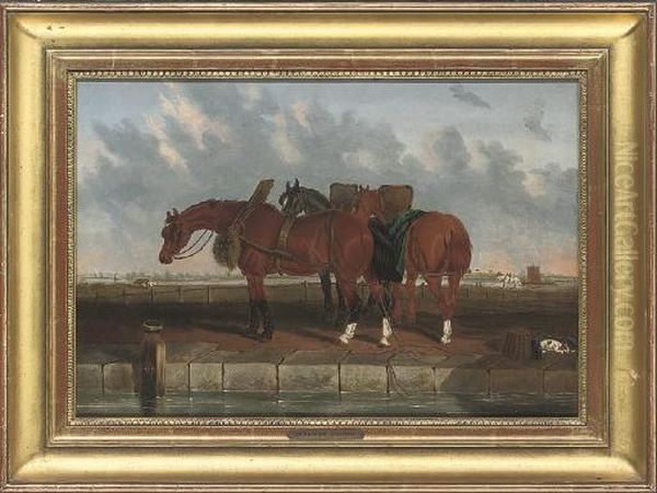 Barge Horses By A Canal With An Estuary Beyond Oil Painting by John Frederick Herring Snr