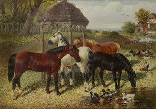 Horses Feeding And Drinking With Ducks And Chickens Oil Painting by John Frederick Herring Snr