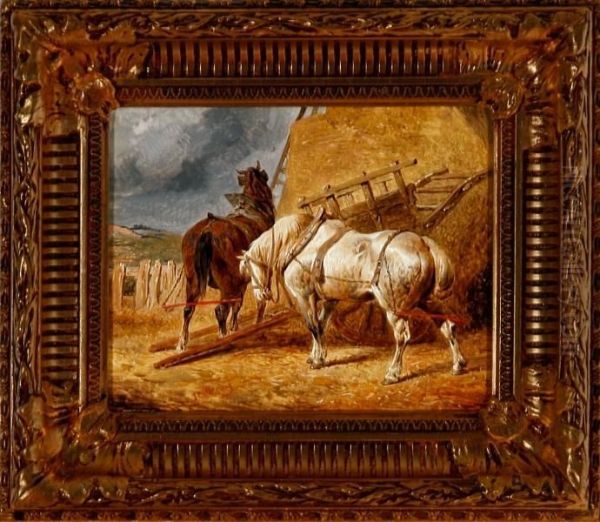 Two Horses By A Carriage Oil Painting by John Frederick Herring Snr