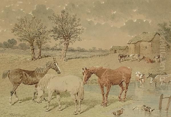 Farmyard Scene With Horses, Cows
 And Ducks; Winter Farmyard Scene With Horses, Pigs And Chickens Oil Painting by John Frederick Herring Snr