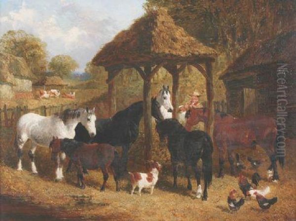 Goat And Chickens With Cattle In A Yard Oil Painting by John Frederick Herring Snr