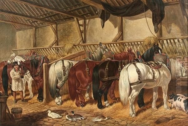 Stable Scene With Farm Horses Feeding, Ducks And Pigs Oil Painting by John Frederick Herring Snr