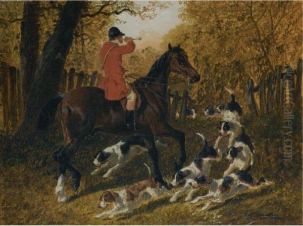 A Hunstman Recalling The Hounds Oil Painting by John Frederick Herring Snr