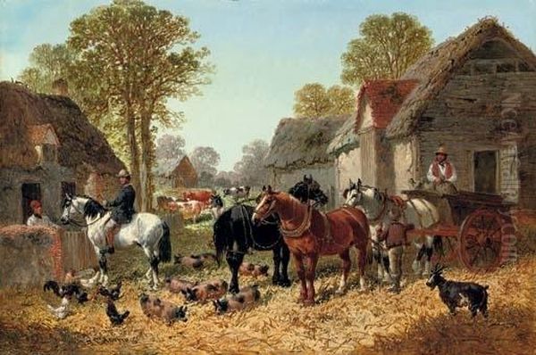 Draught Horses And A Cart, With 
Figures, Pigs And A Goat In A Farmyard, Cows In A Pasture Beyond Oil Painting by John Frederick Herring Snr