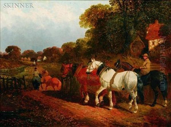 Horses And Riders On A Country Lane Oil Painting by John Frederick Herring Snr