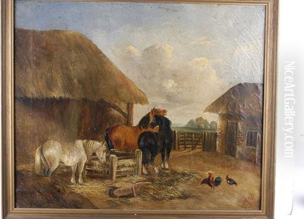 Horses And Chicken In A Farmyard Oil Painting by John Frederick Herring Snr