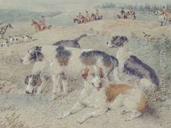 Jnr Foxhounds Watering Oil Painting by John Frederick Herring Snr