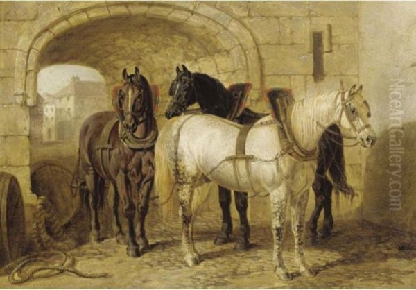 Horses In The Stable Yard Oil Painting by John Frederick Herring Snr