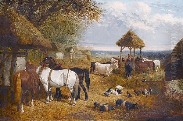 A Farmyard Scene With Horses, Cattle And Pigs Oil Painting by John Frederick Herring Snr