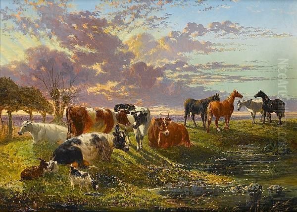 Cattle, Goats And Horses Beside A Stream At Sunset Oil Painting by John Frederick Herring Snr