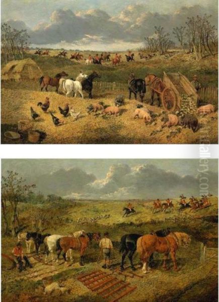 Taking The Fence And Into The Covert: A Pair Oil Painting by John Frederick Herring Snr