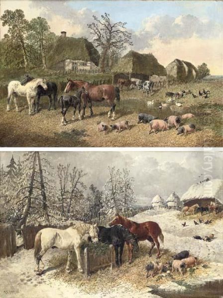 Summer; And Winter Oil Painting by John Frederick Herring Snr