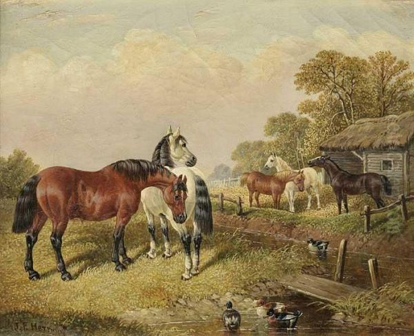 Pferde Auf Der Koppel Am Ententeich Oil Painting by John Frederick Herring Snr