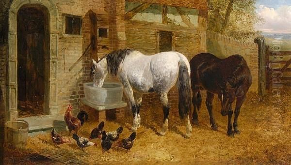 Horses And Chickens Before A Stable Oil Painting by John Frederick Herring Snr