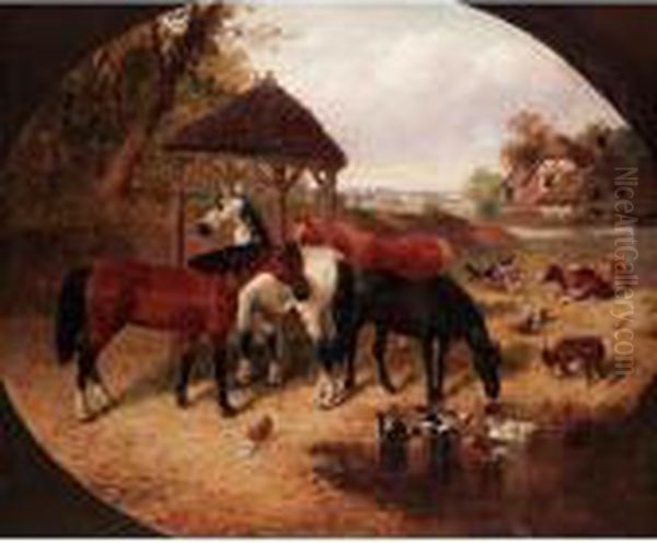 Horses In The Farmyard Oil Painting by John Frederick Herring Snr