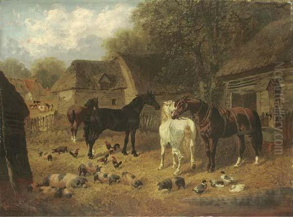 Horses, Pigs And Ducks Outside A Stable Oil Painting by John Frederick Herring Snr