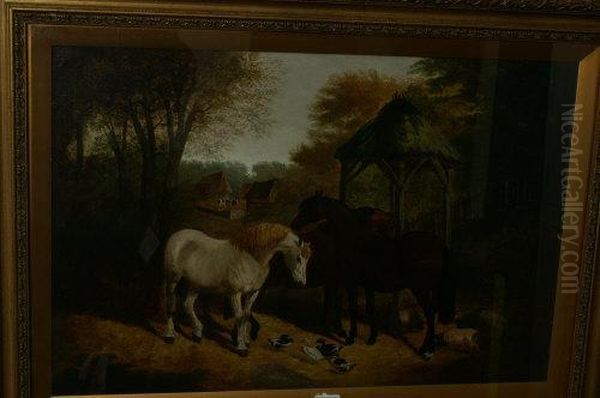 Farm Yard Friends, Horse, Ducks And Pigs Oil Painting by John Frederick Herring Snr