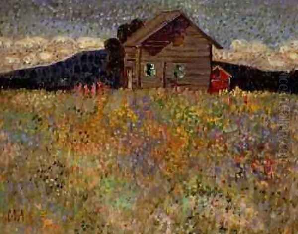 Small Wooden House in a Flowering Meadow 1909 Oil Painting by Konrad Magi