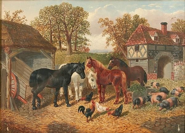 Farmyard Scene With Horses, Pigs And Chickens Oil Painting by John Frederick Herring Snr