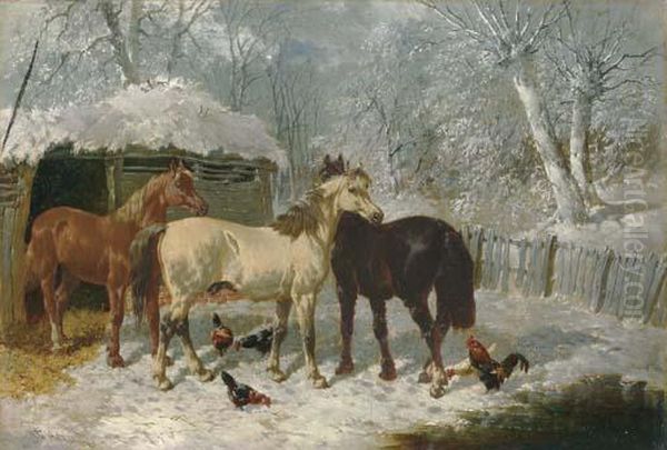 Horses And Chickens In The Snow Oil Painting by John Frederick Herring Snr