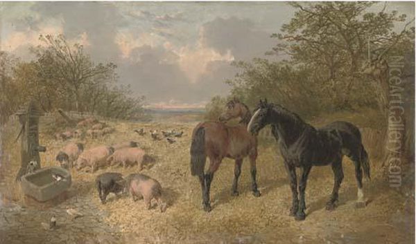 A Bay And A Black Horse, Pigs And Chickens Beside A Trough Oil Painting by John Frederick Herring Snr