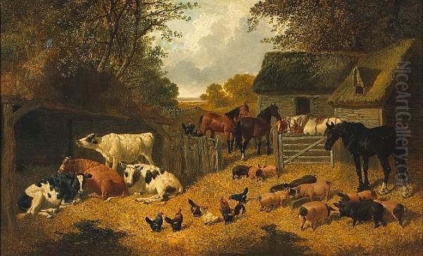 A Barnyard Scene With Horses, Cows, Chickens And Pigs Oil Painting by John Frederick Herring Snr