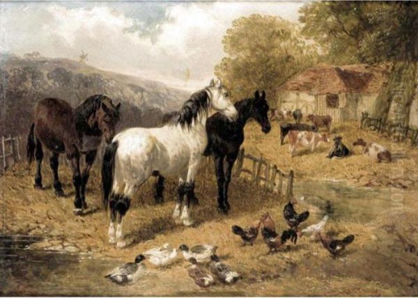 Farmyard Scene With Hunters Oil Painting by John Frederick Herring Snr