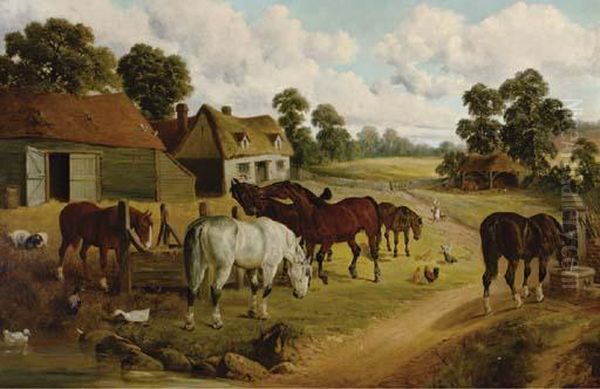 Horses And Fowl In A Farmyard Oil Painting by John Frederick Herring Snr