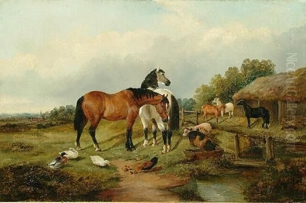 Horses And Pigs In A Farmyard, An Extensive Landscape Beyond Oil Painting by John Frederick Herring Snr