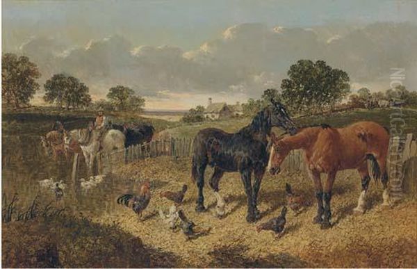 Horses And Chickens In A Farmyard Oil Painting by John Frederick Herring Snr